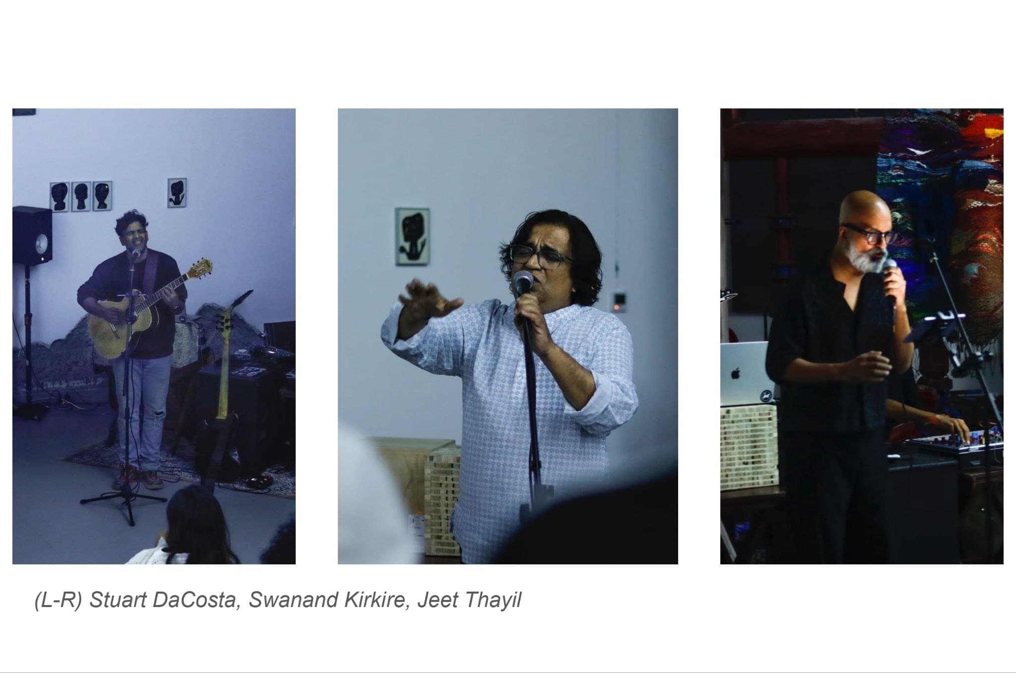 Three performers at microphones.