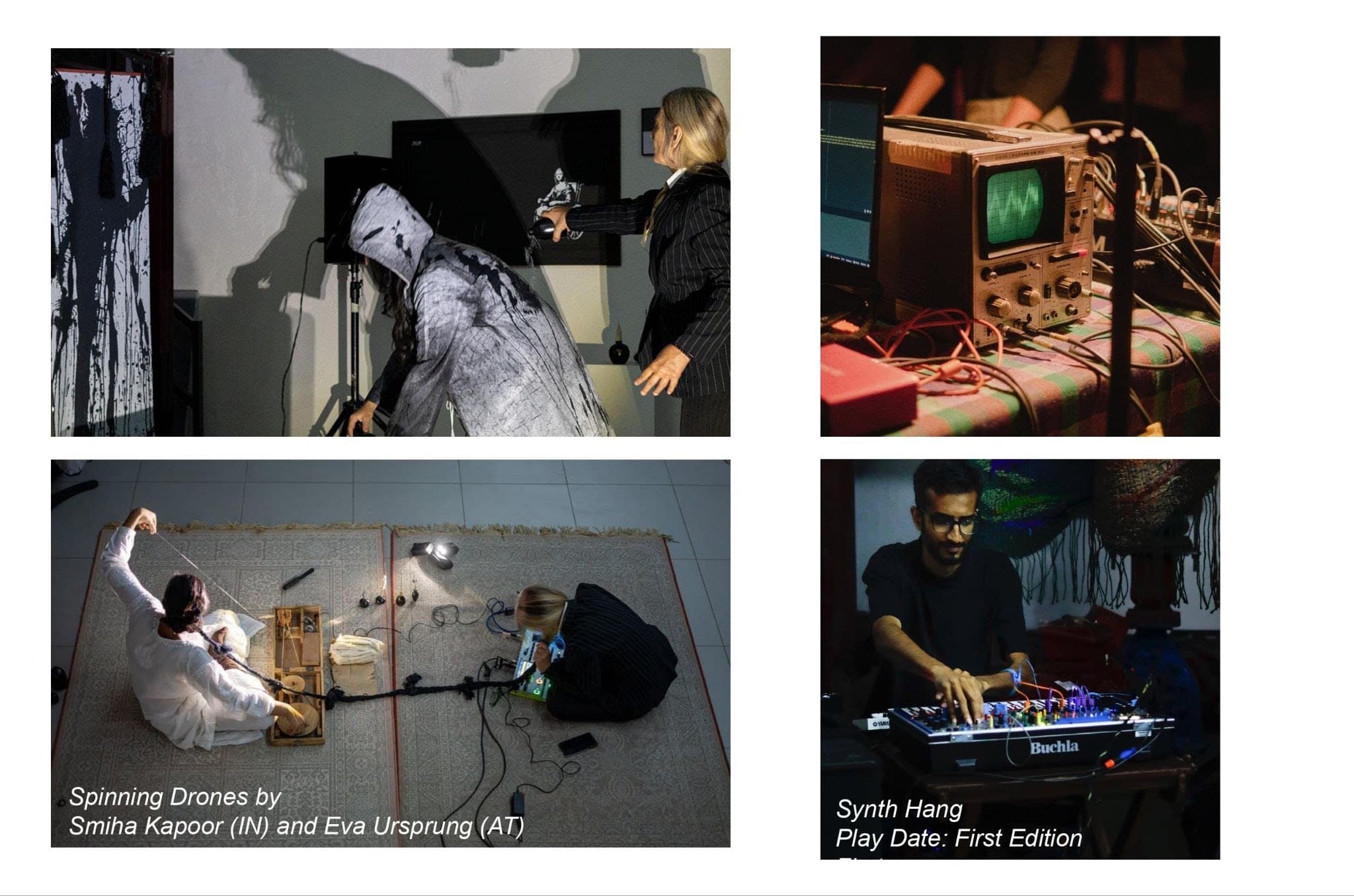 A performer in white fabric, a seated performer on the floor, an oscilloscope and a musician at a synthesiser.