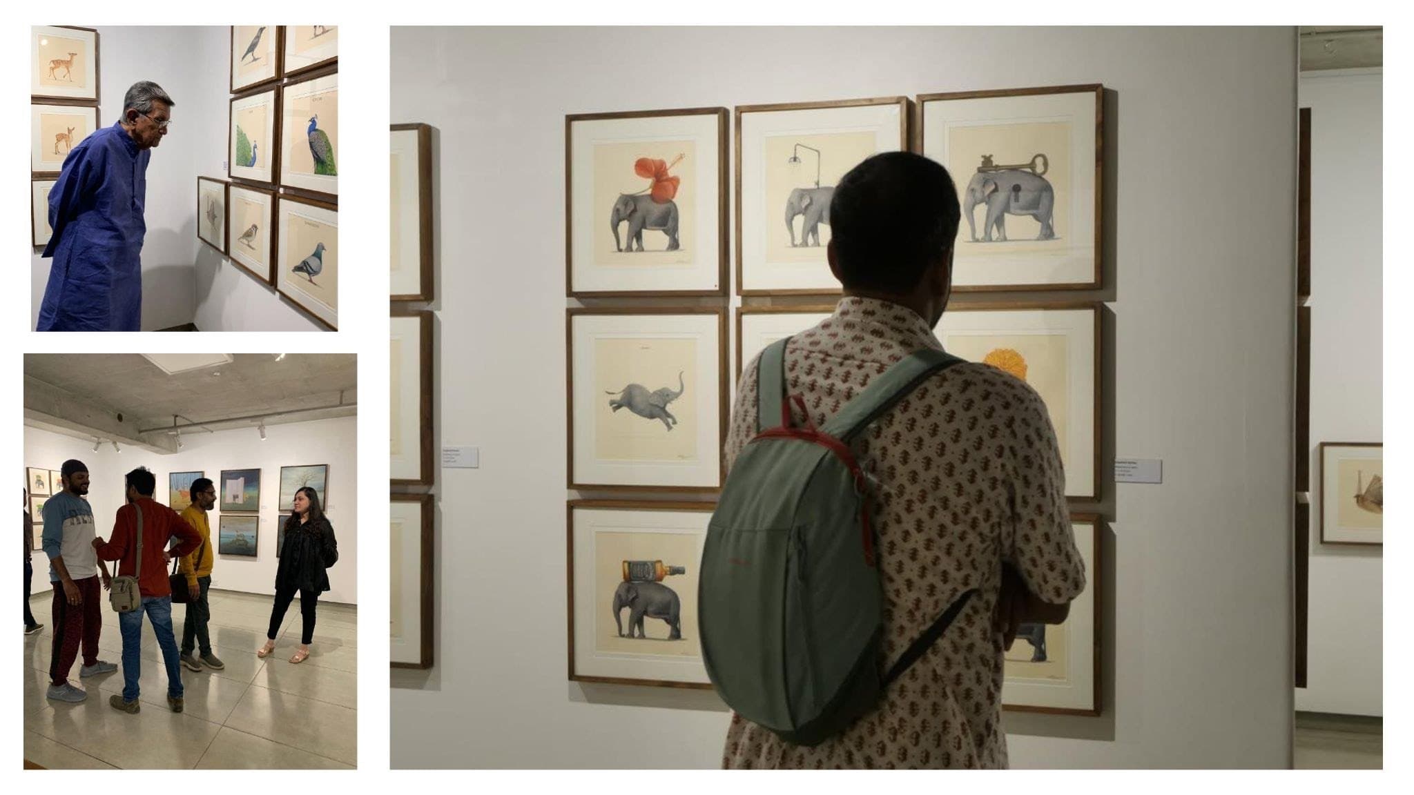 Visitors looking closely at framed works on paper.