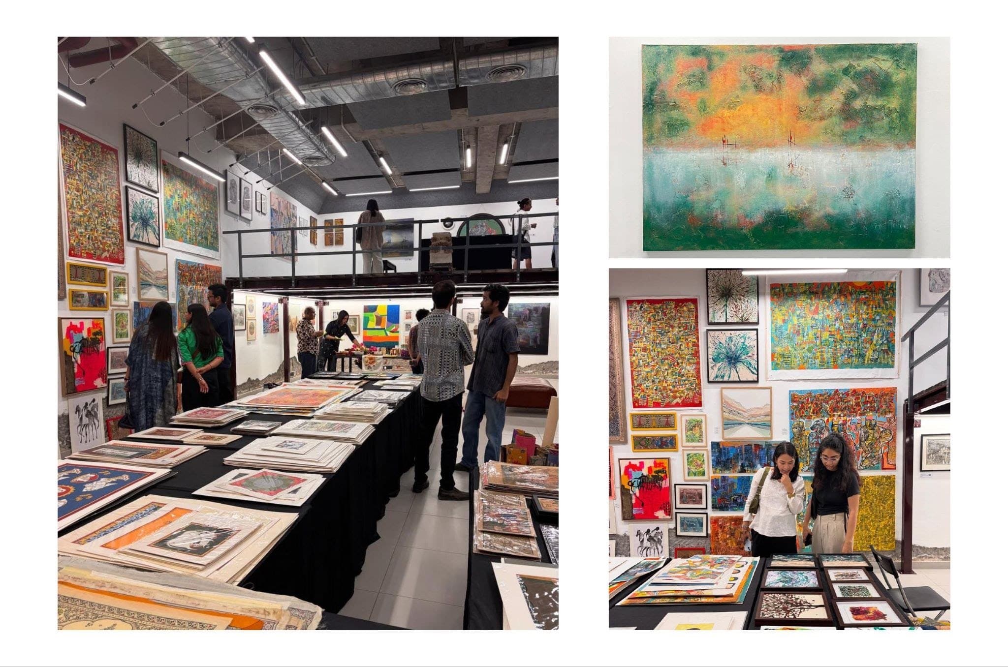 Long tables of prints and paintings with visitors browsing, and walls hung closely with works.