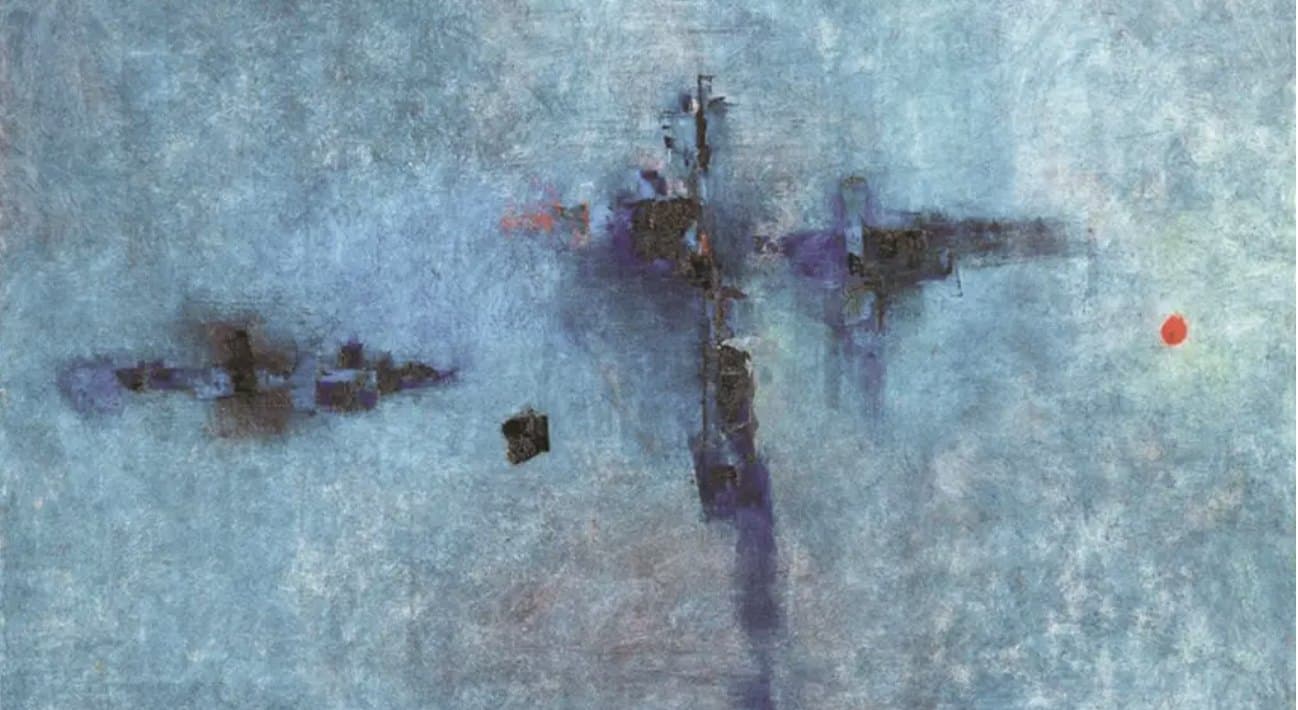 Detail of an abstract painting by V. S. Gaitonde in blues and greys with a small red mark.